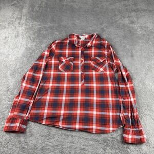 Love Potion Roll Tab Sleeve Button Down‎ Shirt Womens Large Red White Navy Plaid